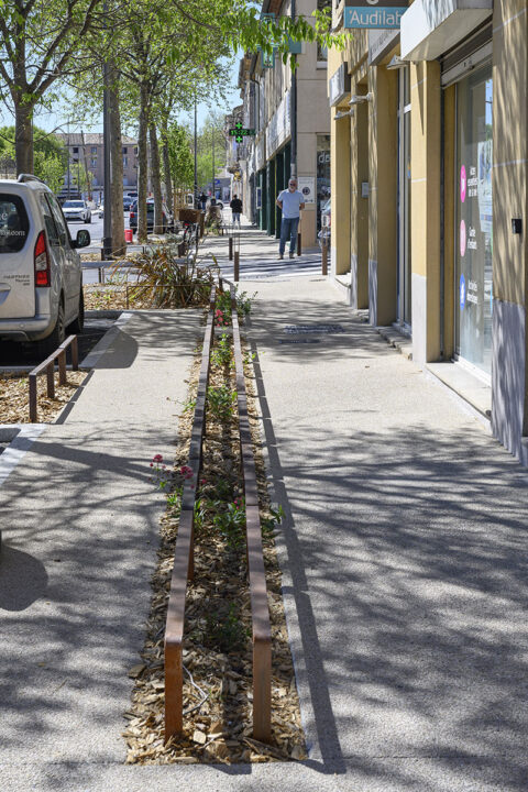 Urbencea-Réinventons-nos-espaces-de-vie-carpentras-avenue-ventoux-lineaire-lisse-basse-corten--protection-délimitation-espaces-verts